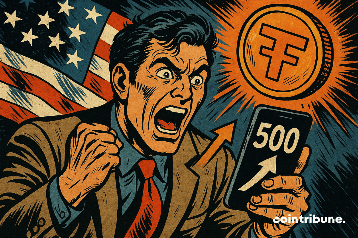 Um homem de terno reage com surpresa ao ver uma alta para 500 em seu smartphone, com uma moeda laranja simbolizando a criptomoeda ao fundo.